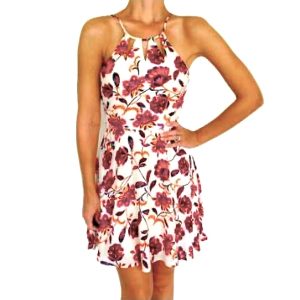 Express White Pink Floral Mini Dress Size 4 Fit & Flare Keyhole Halter